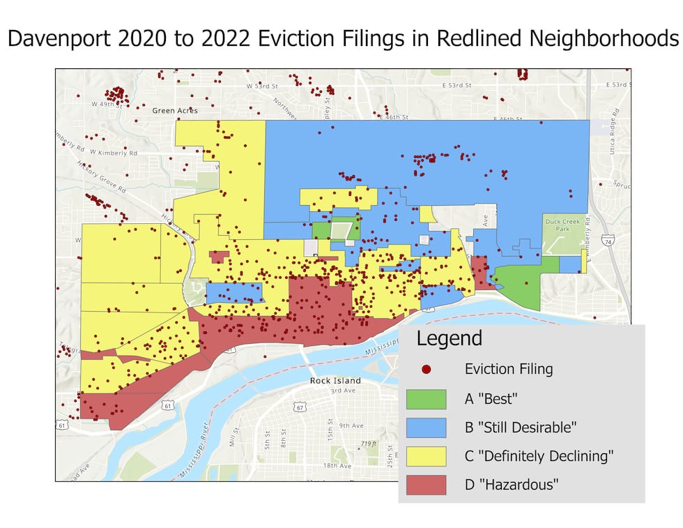 An overlay of Davenport’s modern census tracts with the neighborhoods redlined in the 1930s...