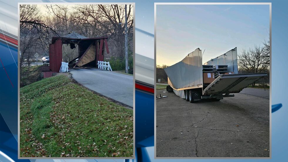 A semi-truck drove through the historic covered bridge in Princeton Thursday.