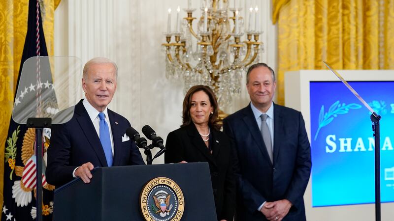 FILE - President Joe Biden speaks during a reception to celebrate the Jewish new year in the...