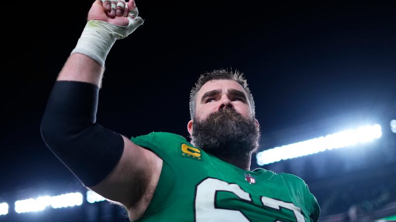 Philadelphia Eagles center Jason Kelce (62) gestures as he leaves the field after an NFL...