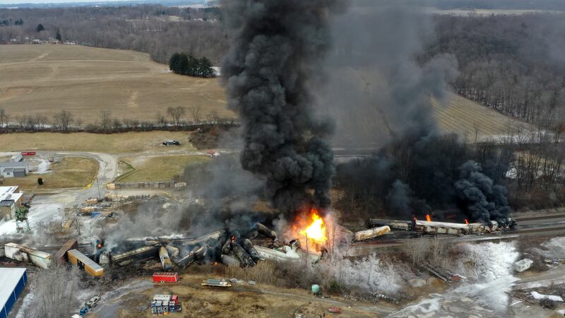 FILE - This photo taken with a drone shows portions of a Norfolk and Southern freight train...