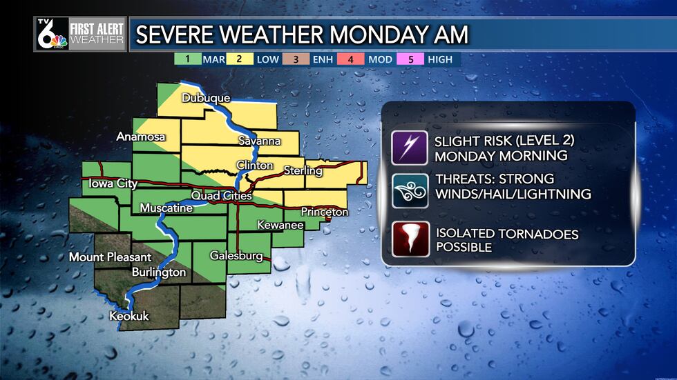 Monday morning storms could bring damaging winds, hail and even isolated tornadoes.